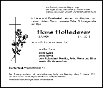 Traueranzeige von Hans Hollederer von Hersbrucker Zeitung